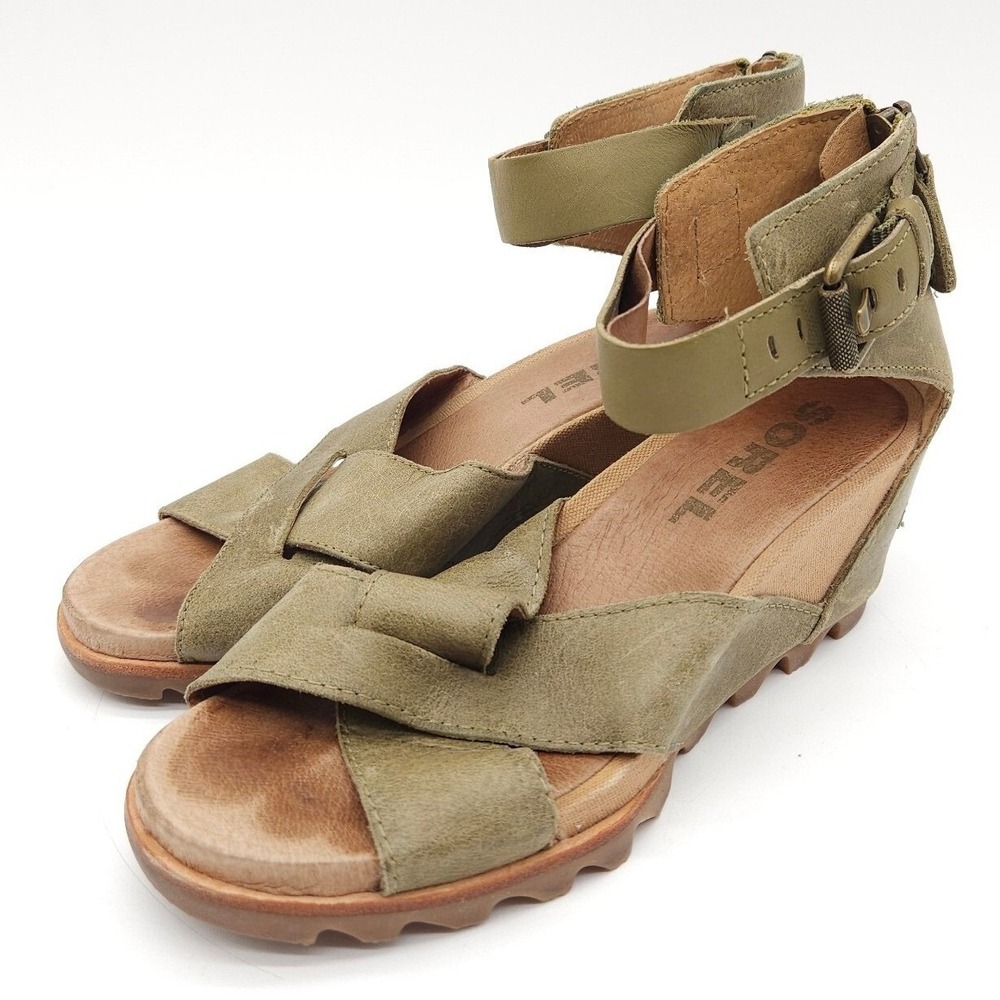 Sorel Women's 8 Green Joanie II Wedge Sandal Gladiator Leather Boho Ankle Strap